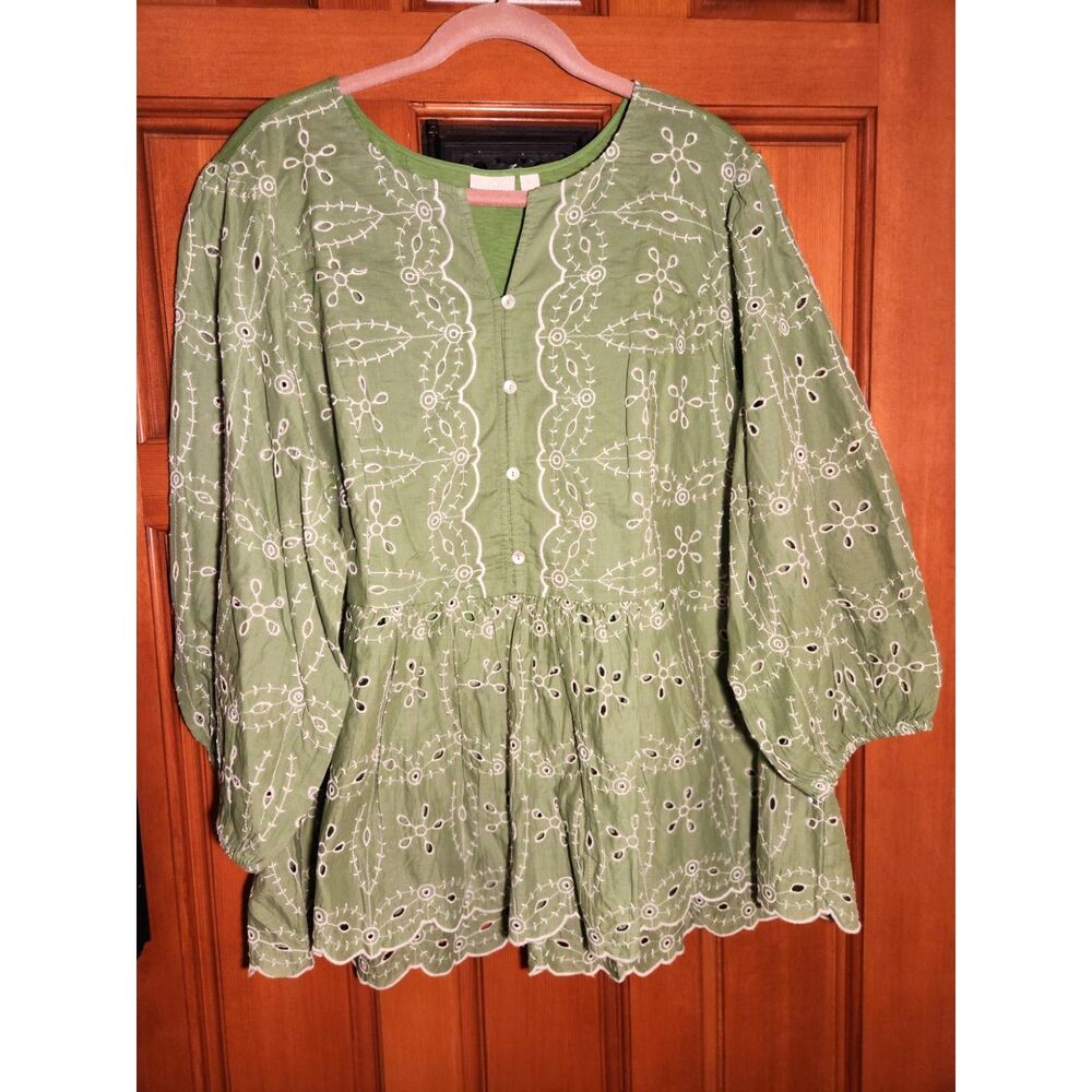 LOGO Lavish Lori Goldstein Green Top White Embroidery Eyelets Women's Size 2X